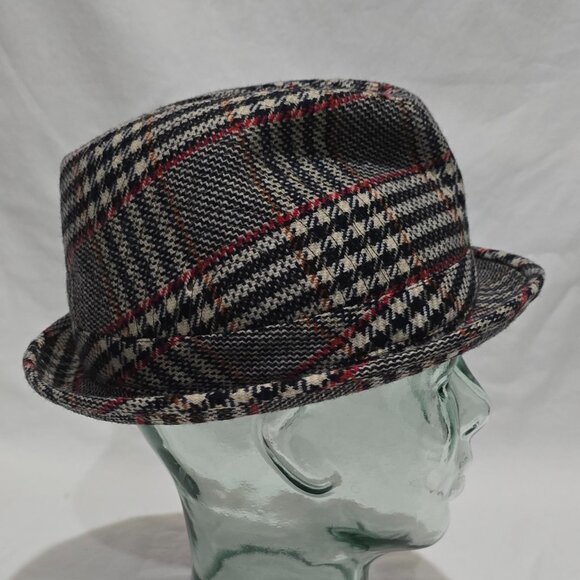 CROMBIE Aberdeen Scotland Cashmere & Wool Fedora Black Gray White Red Plaid S/7 - Picture 4 of 7